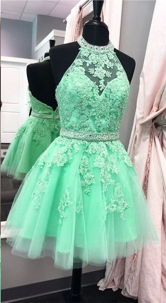 Mint green short homecoming dress, simple tulle round neck homecoming dress 486