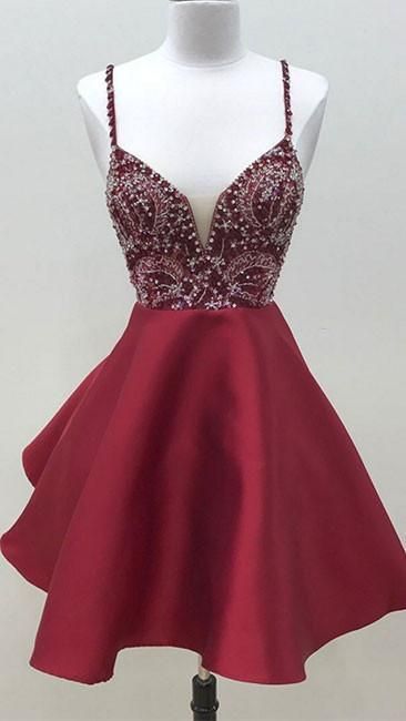 Burgundy Prom Dress, Spaghetti Straps Prom Dress, Fashion Short Satin Homecoming Dress 494