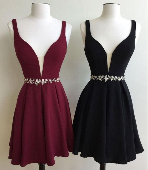 Burgundy/Black Prom Dress, V Neck Prom Dress, Fashion Short Satin Homecoming Dress 496