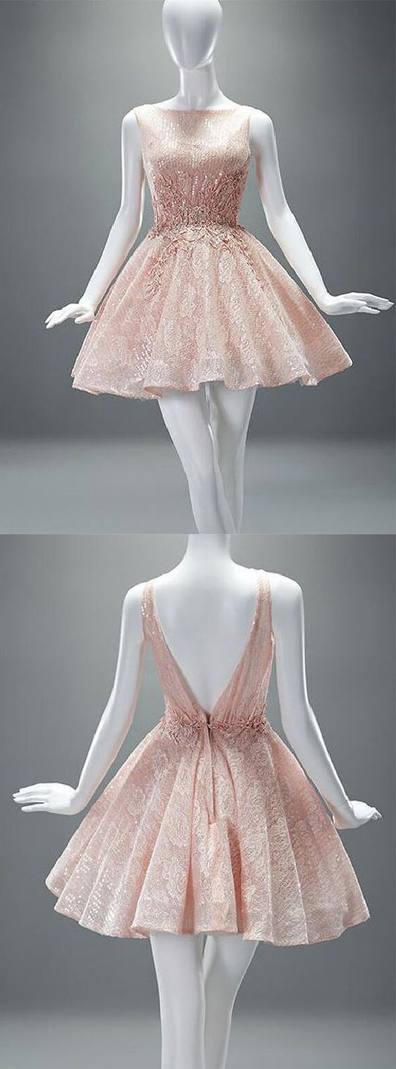 New Arrival Sexy V Back Homecoming Dress, Short Pearl Pink Lace Prom Dress, Scoop Evening Gowns with Appliques 561