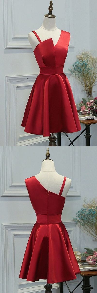 short homecoming dress, red homecoming dress, unique homecoming dress, satin prom dress 594