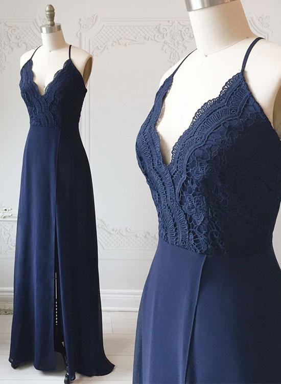 V-neck Chiffon and Lace Long Boho Dresses Dark Navy