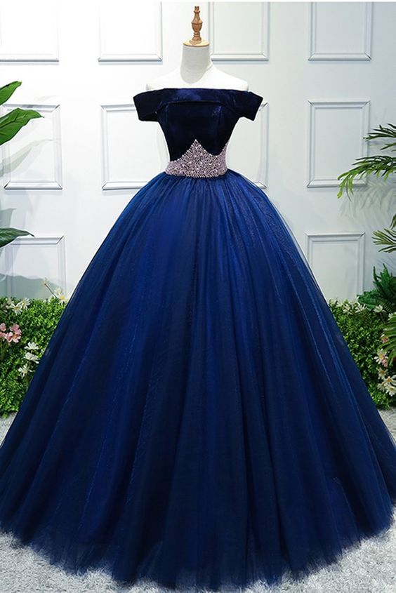 Deep Blue Tulle Off Shoulder Long Handmade Lace Up Evening Dress on Luulla