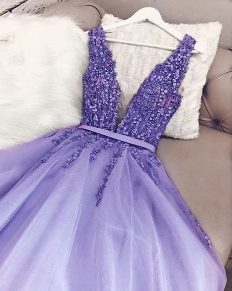 Deep V-Neck Appliqued Tulle Open Back Prom Dress Lavender main image 1