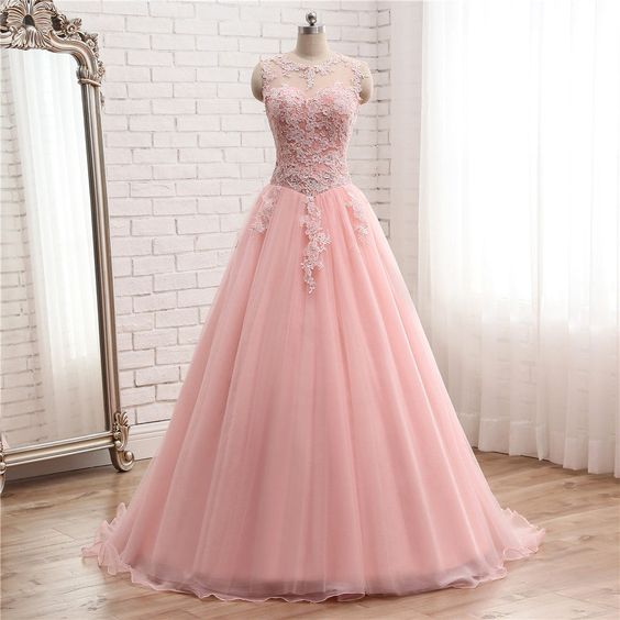 Pink A Line Tulle Ball Gown Lace Prom Dresses, Evening Gowns main image 0