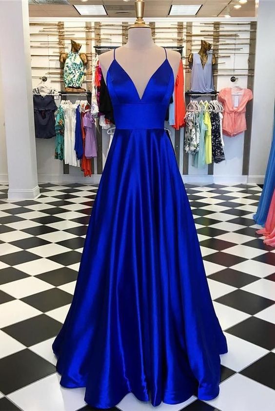 A Line V Neck Royal Blue Prom Dress, Long Satin Evening Party Dress on