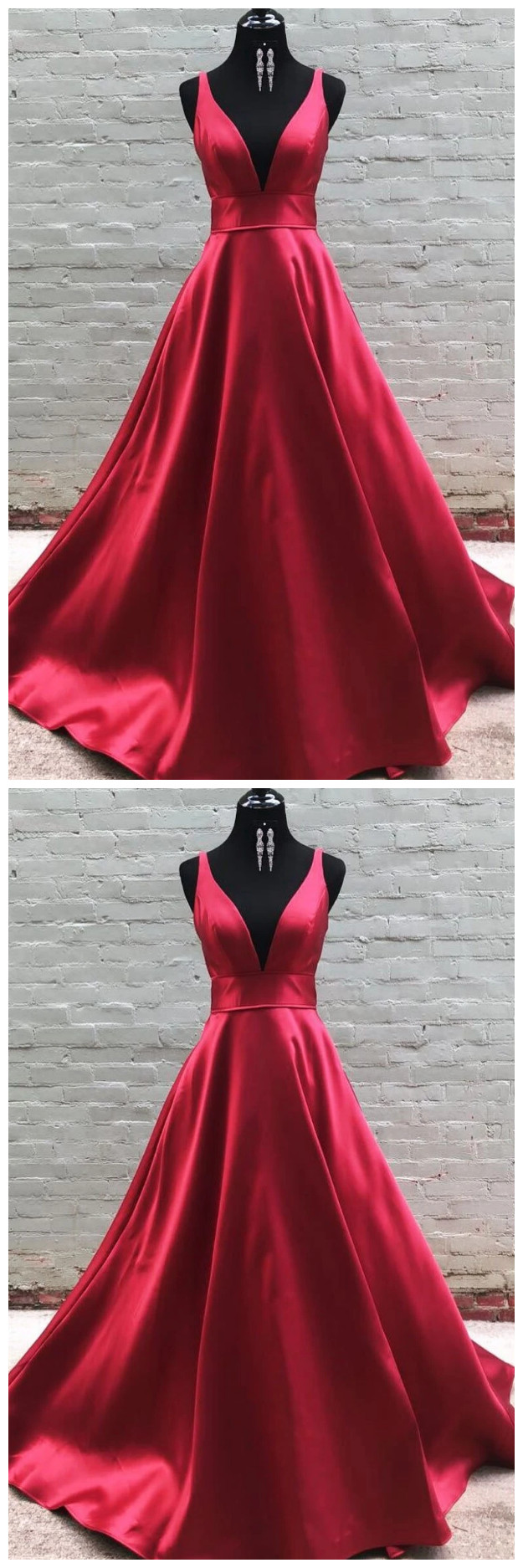 Burgundy V Neck A Line Satin Prom Dress LBQ0871 main image 1