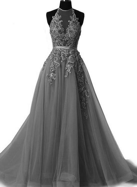 Grey Halter Lace Applique Tulle Formal Gowns, Grey Party Dresses