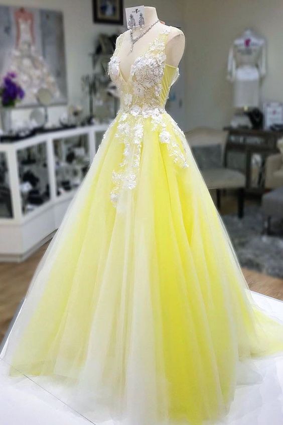 Yellow Prom Dress With White Lace Flowers, V Neckline on Luulla