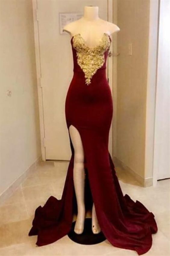 Charming Burgundy And Gold Appliques Sheath Sweetheart Side Slit Long Prom Dresses