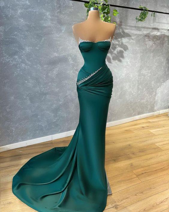 Green Beading long Evening Prom Dress
