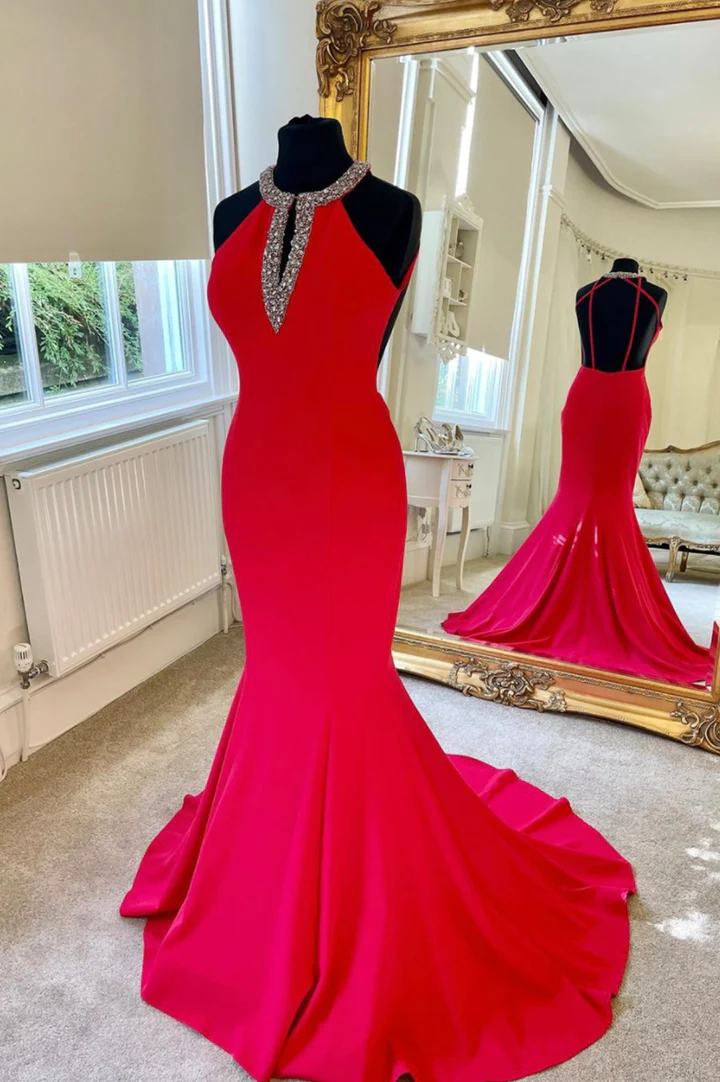 Sexy Red Halter Backless Sheath Mermaid Long Prom Dress Evening Dress 917