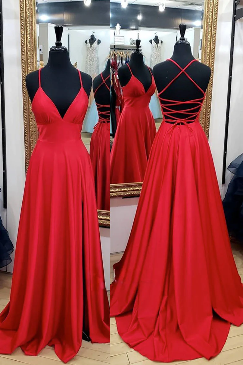 Red V Neck Satin Backless A-Line Long Prom Dress 918