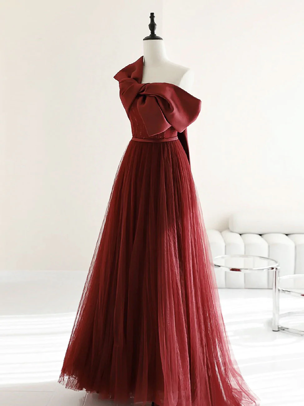 Burgundy Satin Bow A-Line Tulle Long Evening Dress Formal Prom Dress 919