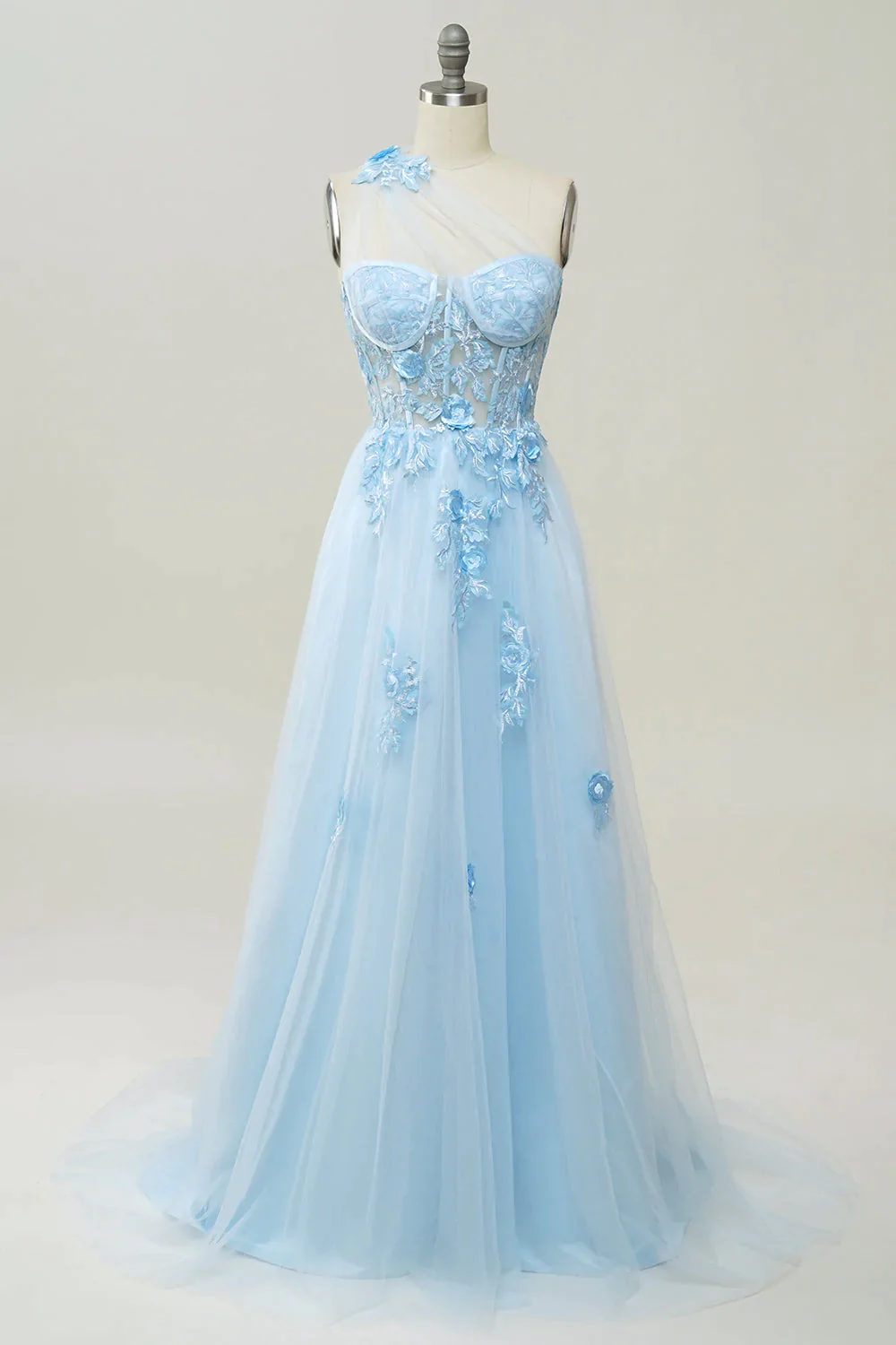 Gentle Sky Blue A-Line One Shoulder Tulle Applique Long Prom Dress 972