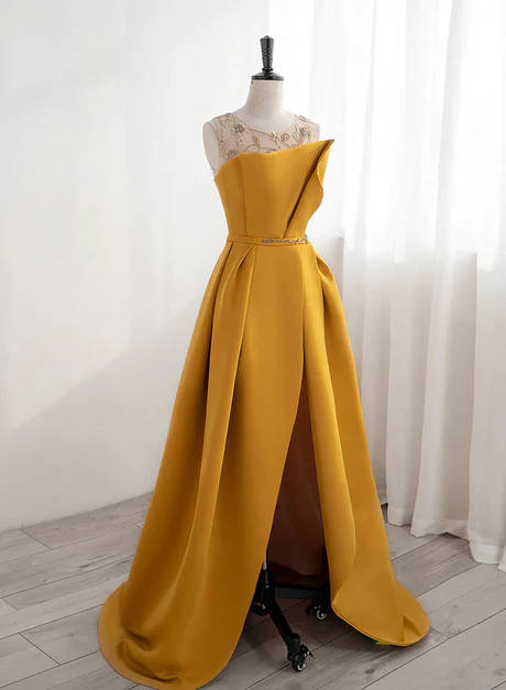 Yellow Satin Beaded Long Prom Dress With Slit A-Line Party Dress A110