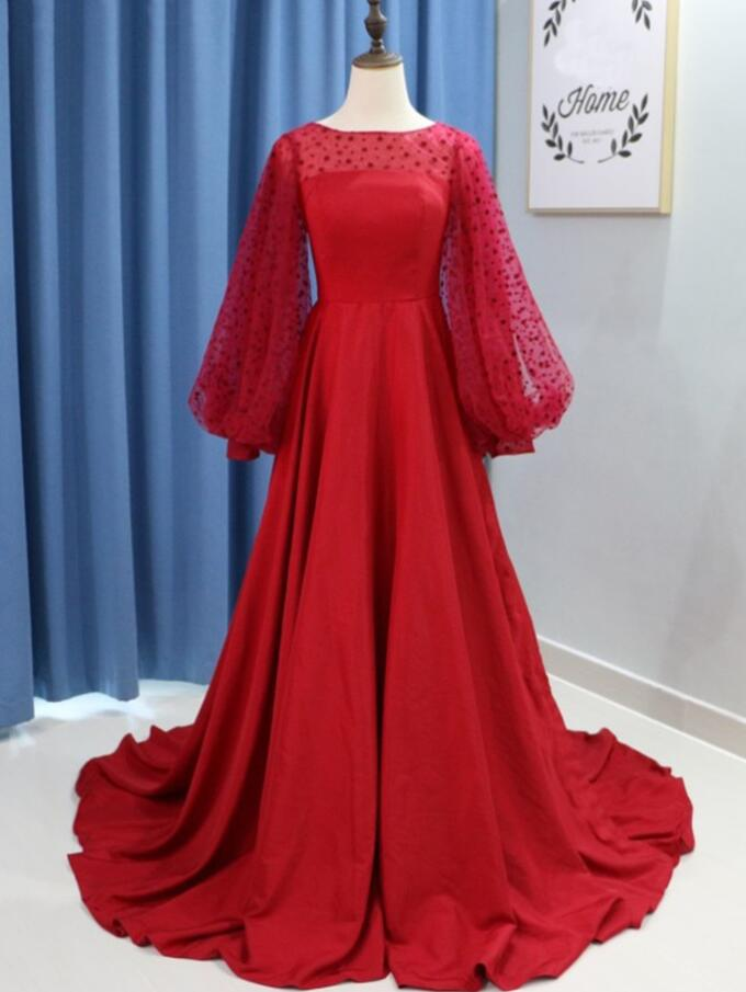 Elegant Red Satin With Piuff Long Sleeves Long Prom Dresses Sweep Train Women Party Gowns A111