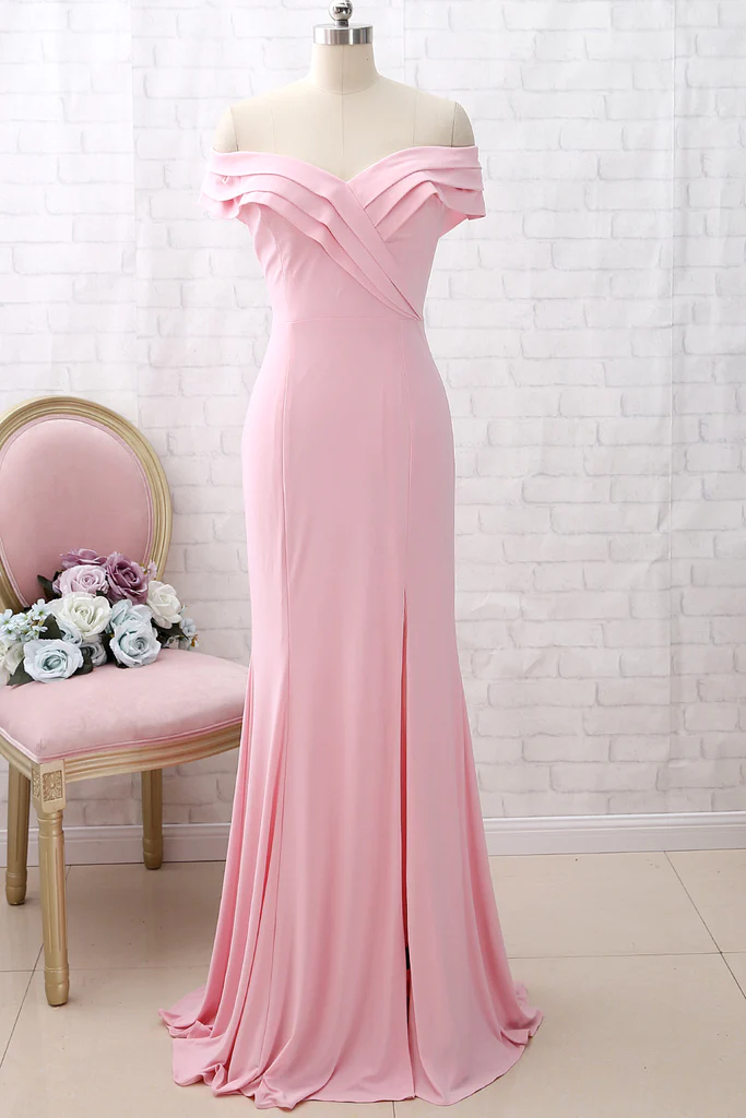Off the Shoulder Pink Prom Dress Mermaid Formal Evening Gown With Slit A112