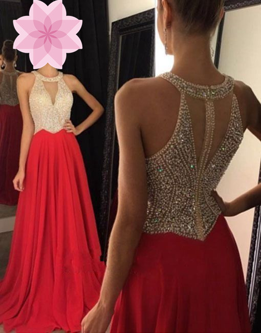 Red Sequin Halter Prom Dress