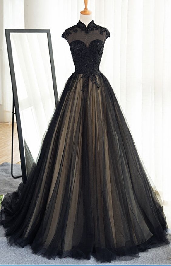 Black High Collar Prom Dressa Line Lace Prom Dressfashion Prom Dress