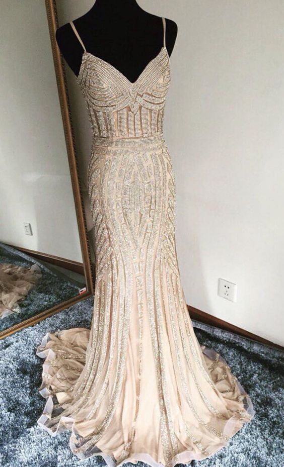 Luxurious Mermaid Spaghetti Straps Champagne Long Prom Dress Fashion Prom Dress Sexy Party Dress