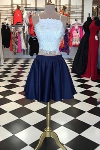 Two Piece White and Navy Blue Short Homecoming Dress