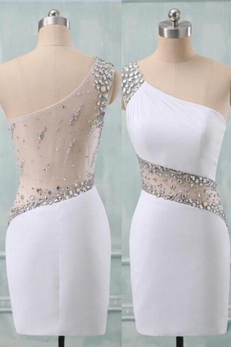 Sexy Beads One-shoulder White Sheer Back Short Homecoming Dress/Cocktail Dress