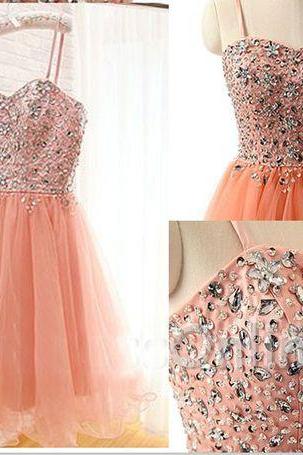 Blush Pink Homecoming Dress,Homecoming Dresses,Beading Homecoming Gowns,Short Prom Gown