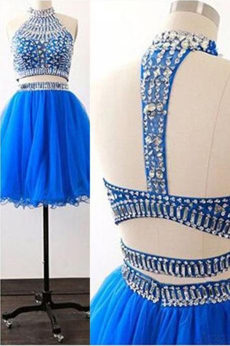 Blue Two Piece Homecoming Dress,Tulle Homecoming Dress,Cheap Homecoming Dresses, Short Cocktail Dresses