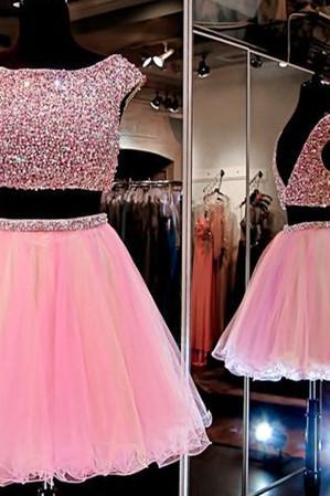 Two Piece A-Line Bateau Cap Sleeves Pink Short Homecoming Dress With Beading