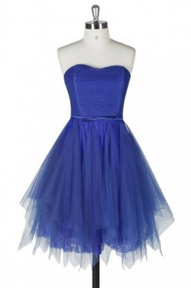 Unique A-line Strapless Knee Length Tulle Lace Homecoming Dress With Sash