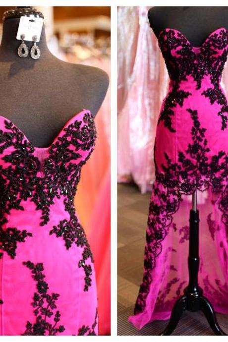Sweetheart neck Fuchsia Tulle with Black Lace Appliqued High Low Prom Dress 