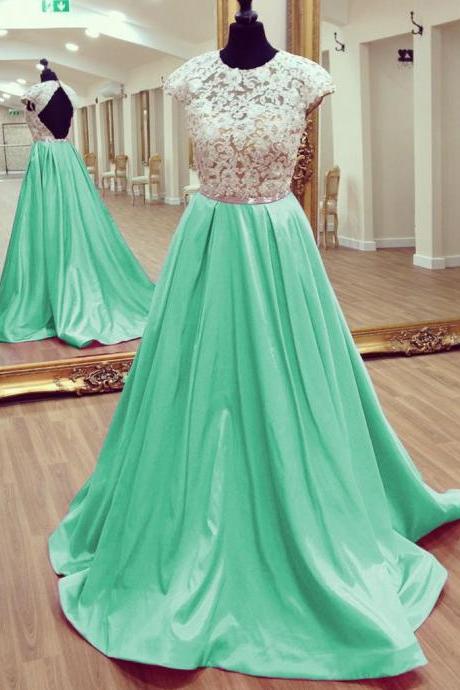 Modest Lace Cap Sleeves Open Back Satin Prom Dress