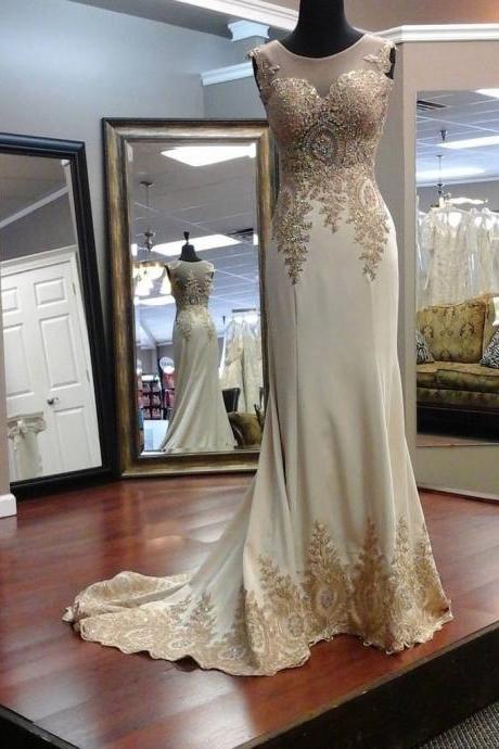 ivory mermaid prom dresses with gold lace appliques