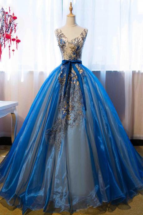 Elegant Blue Prom Dress,Organza Prom Dress,V-neck Prom Dress With Appliques