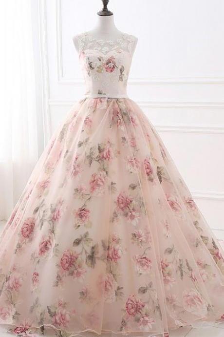 Flowers Pattern Appliques Prom Dress, Organza Floor Length Prom Dress, Ball Gown Sleeveless Long Prom Dress