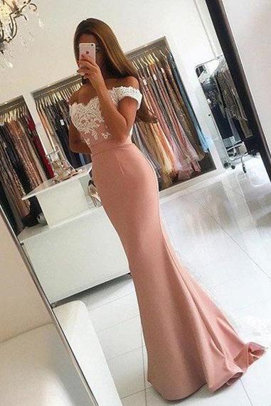 Fashion Off Shoulder Prom Dress, Pink Prom Dress, Mermaid Long Prom Dress