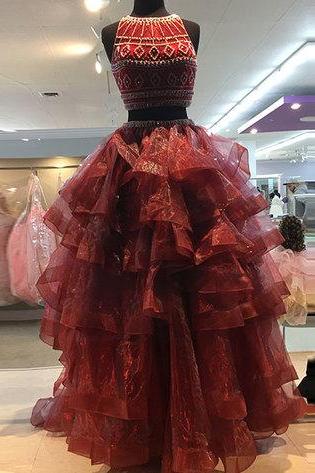 Cute Two-Piece Prom Dress, Mermaid Long Prom Dress, Beading Prom Dress