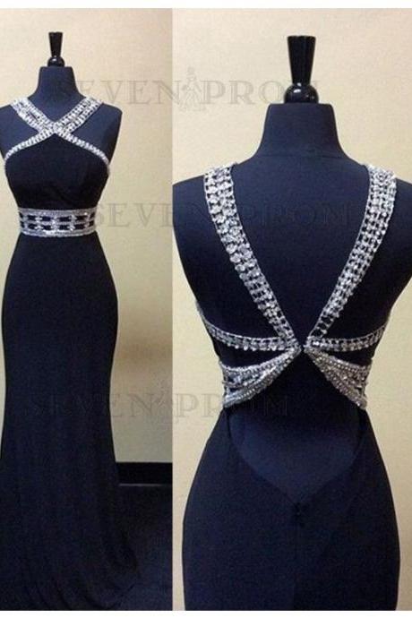 Delicate Navy Blue V-Neck Open Back Floor-Length Beading Prom Dress