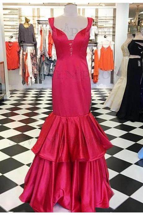 Mermaid Off the Shoulder Short Sleeves Floor-Length Tiered Red Prom Dress with Pleats