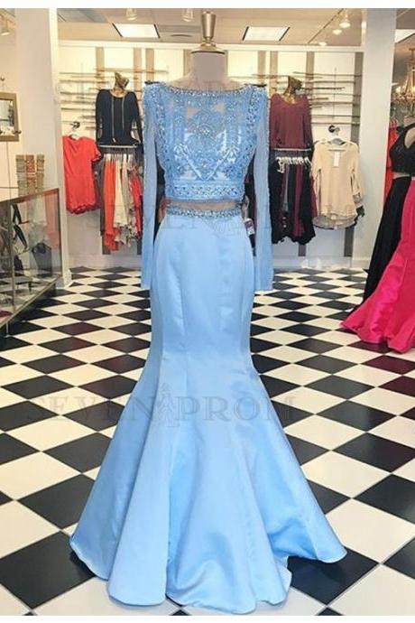 Two Piece Mermaid Bateau Long Sleeves Floor-Length Light Blue Prom Dress with Beading