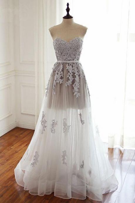 WHITE SWEETHEART LACE TULLE LONG PROM DRESS