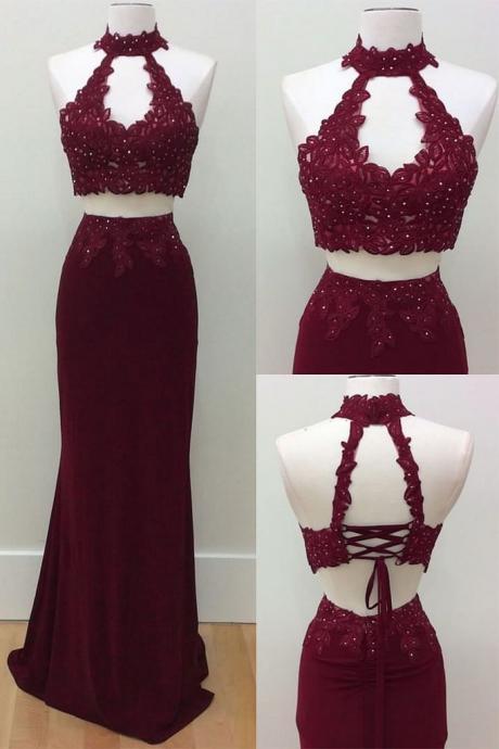 BURGUNDY LACE TWO PIECES LONG PROM DRESS, BURGUNDY EVENING DRESS