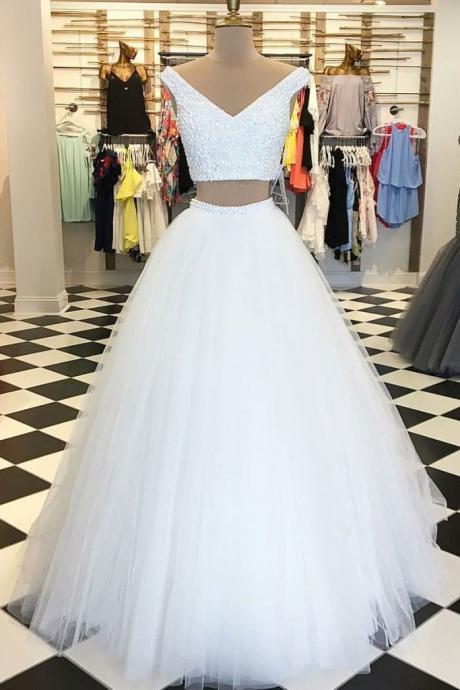 WHITE TULLE TWO PIECES LONG PROM DRESS, WHITE EVENING DRESS 