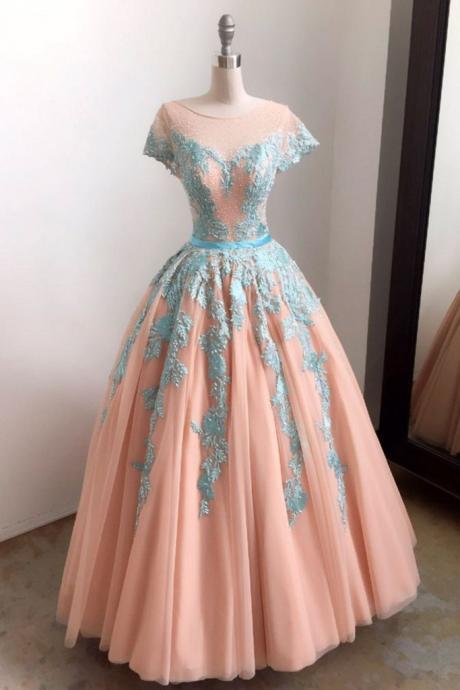 ELEGANT BLUE LACE TULLE LONG PROM DRESS, TULLE LACE EVENING DRESS