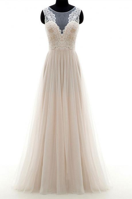 CHAMPAGNE ROUND NECK PROM DRESS, TULLE LACE PROM DRESS, LONG PROM DRESS, SLEEVELESS EVENING DRESS