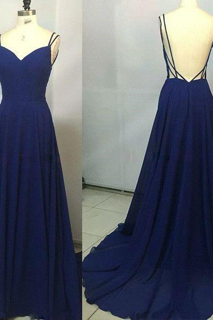 Spaghetti Straps Prom Dress, Simple Evening Dress, New Arrival Backless Prom Dress, Blue prom dress