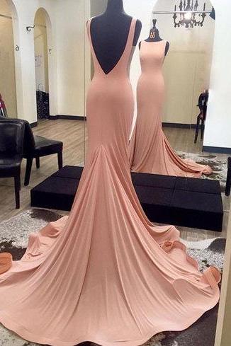 Pink backless prom dress, round neck long prom dress, sweep train evening dress