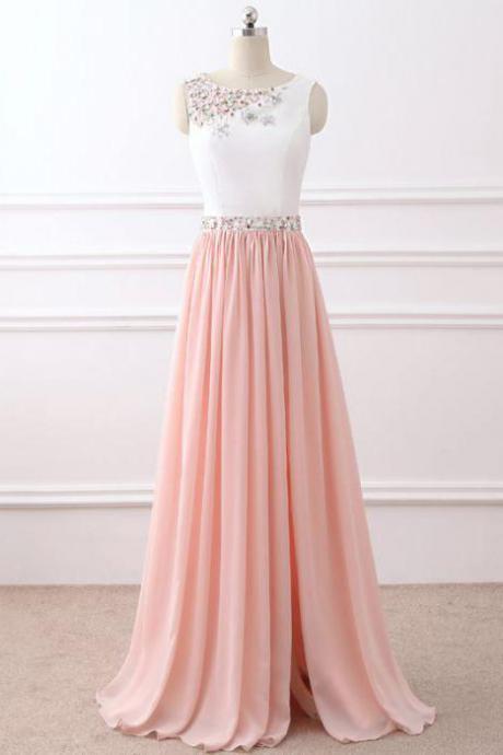 Elegant Long Prom Dress, A-line Chiffon Prom Dress, Pink Beading Prom Dress, Sleeveless Evening Dress