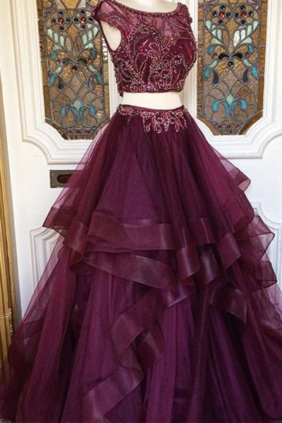 Luxurious Two-Piece Prom Dress, A-Line Burgundy Prom Dress, Organza Long Prom Dress